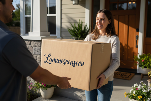 create me a image of someone recieveing a large shipping box witht the box saying Luminescenseco in cursive