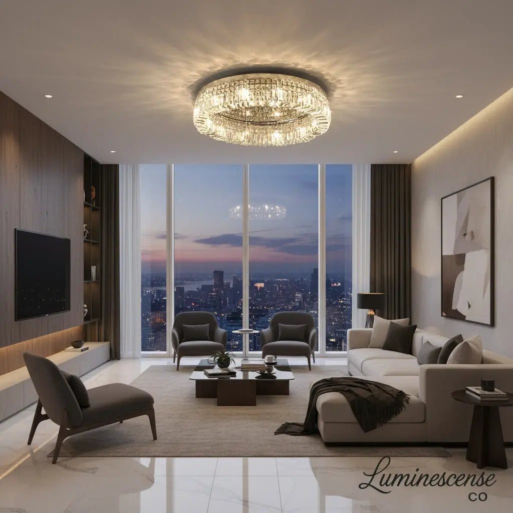 AuroraCrest™ Luxury Crystal Ceiling Light – Gold & Chrome Flush Mount LED Chandelier Luminescense