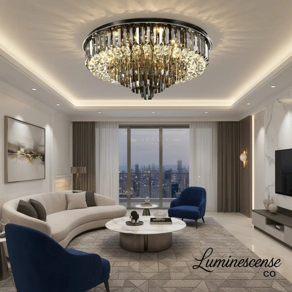 Seraphina Modern Round Crystal Chandelier – Luxury Smoky Grey & Polished Steel Ceiling Light Luminescense