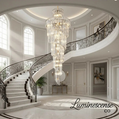 AuroraSpire™ Luxury Staircase & High-Ceiling Statement Chandelier Luminescense