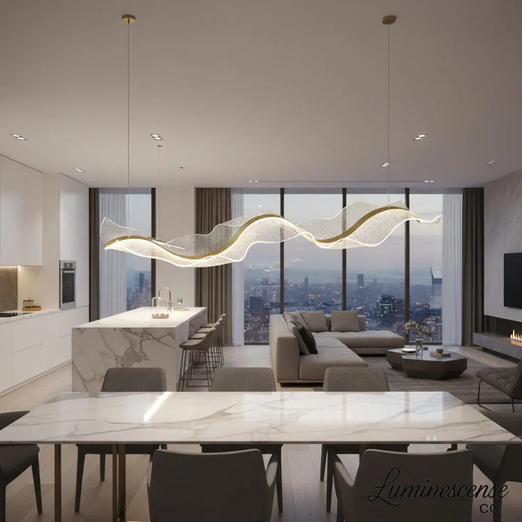 The Vellum Flow: Sculptural Linear LED Pendant | Modern Abstract Gold Wave Chandelier for Dining & Kitchen Island Luminescense