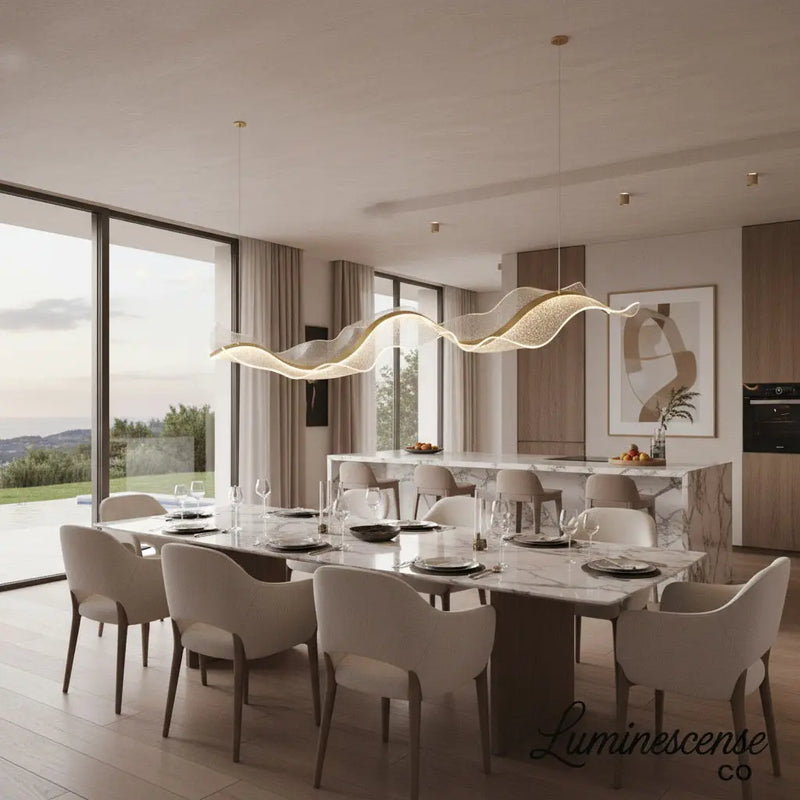 The Vellum Flow: Sculptural Linear LED Pendant | Modern Abstract Gold Wave Chandelier for Dining & Kitchen Island Luminescense