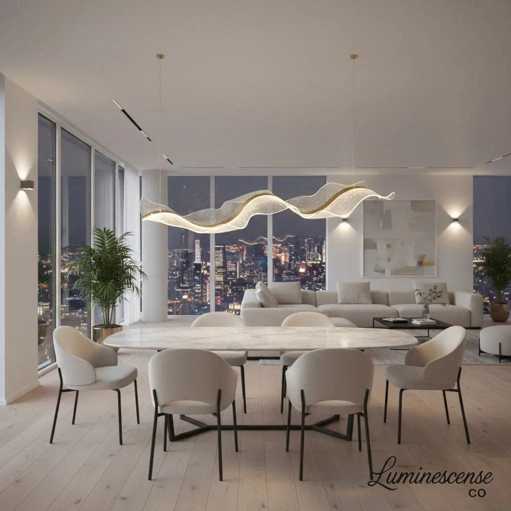 The Vellum Flow: Sculptural Linear LED Pendant | Modern Abstract Gold Wave Chandelier for Dining & Kitchen Island Luminescense