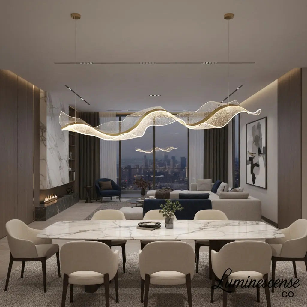 The Vellum Flow: Sculptural Linear LED Pendant | Modern Abstract Gold Wave Chandelier for Dining & Kitchen Island Luminescense