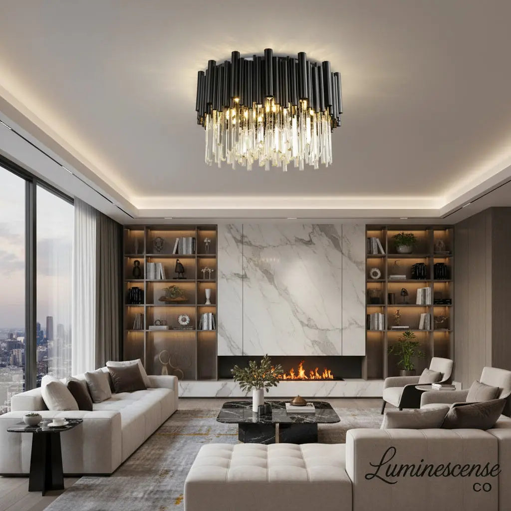 Noctyra™ Black Crystal Ceiling Chandelier – Modern Luxury Flush Mount Light Luminescense