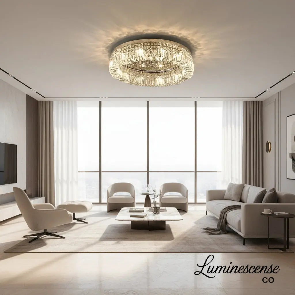 AuroraCrest™ Luxury Crystal Ceiling Light – Gold & Chrome Flush Mount LED Chandelier Luminescense