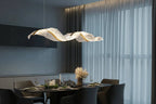 The Vellum Flow: Sculptural Linear LED Pendant | Modern Abstract Gold Wave Chandelier for Dining & Kitchen Island Luminescense
