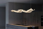 The Vellum Flow: Sculptural Linear LED Pendant | Modern Abstract Gold Wave Chandelier for Dining & Kitchen Island Luminescense