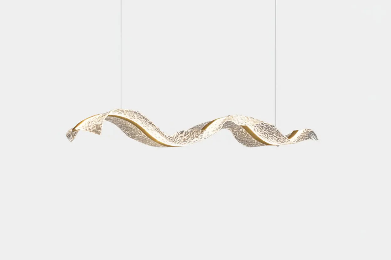 The Vellum Flow: Sculptural Linear LED Pendant | Modern Abstract Gold Wave Chandelier for Dining & Kitchen Island Luminescense