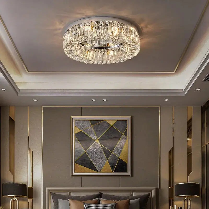 AuroraCrest™ Luxury Crystal Ceiling Light – Gold & Chrome Flush Mount LED Chandelier Luminescense