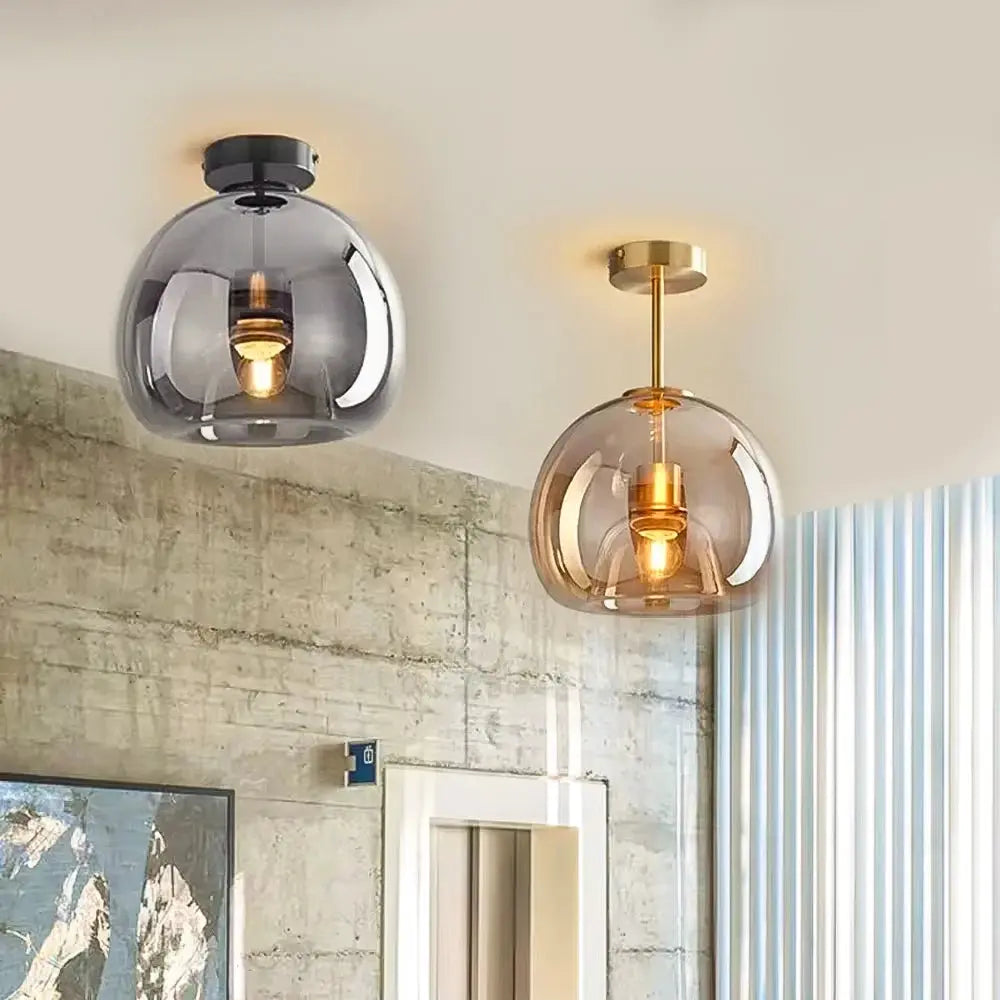 AuraDrop™ Modern Glass Ceiling Light – E27 Flush Mount with Cognac & Smoke Glass Luminescense