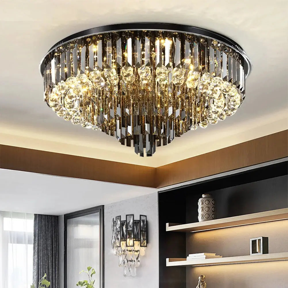Seraphina Modern Round Crystal Chandelier – Luxury Smoky Grey & Polished Steel Ceiling Light Luminescense