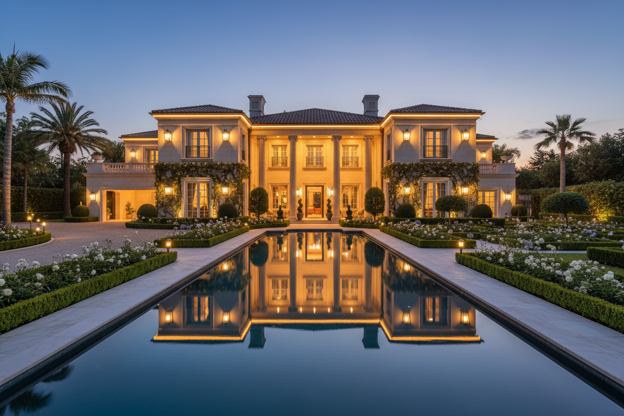 mansion with nice exterior lighting with pool 